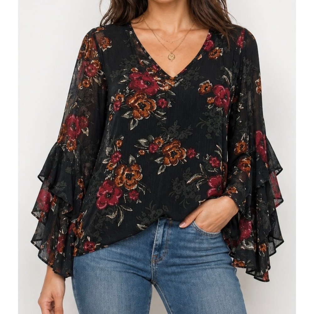 Miss Me Midnight Bloom Ruffle Sleeve Blouse Womens Small Ruffle Bell Sleeve Boho